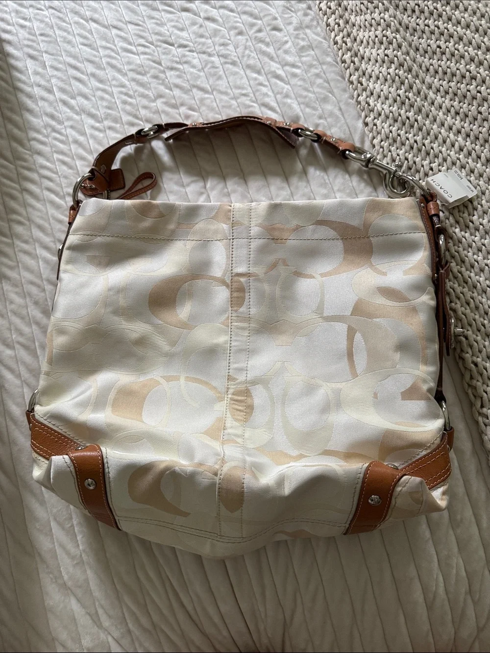 Coach Cream and Tan Signature Canvas Shoulder Bag